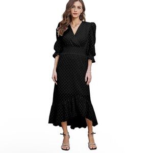 Women’s Black Textured Puff Sleeve Smocked Waist Midi Dress Boho Romantic Small